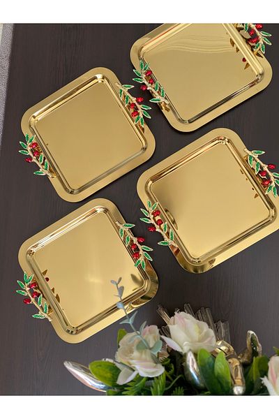 atabey home collection صينية ذهبية مكونة من 6 قطع - صينية قهوة وشاي متوافقة مع نموذج دالي الزيتون والمكسرات
