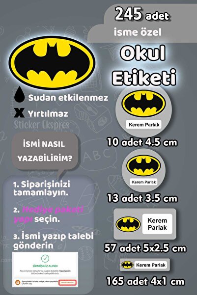 Sticker Ekspres Okul Etiketi Batman Kalem Defter Etiketi Özel İsim Yazılabile...