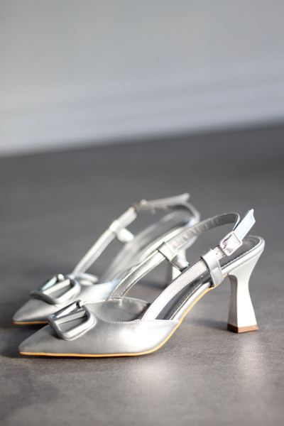 Rainon Store Y3033 Silver Leather Buckle Women's Heeled Shoes