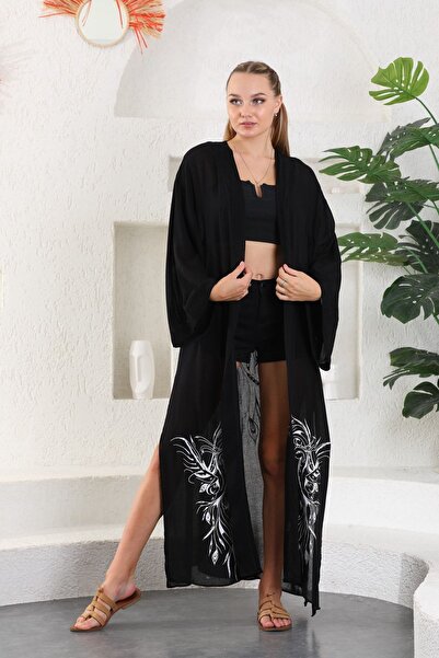Miss Madly Kimono Kadın Siyah Enerji Kuşu Baskılı Miss542189