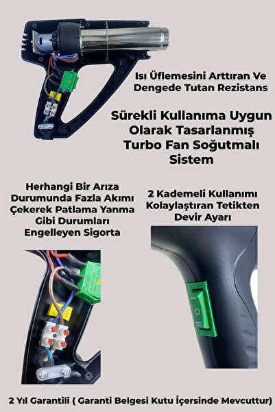 Lieber German Alman 2400 Watt Hybrid Motorlu Akım Korumalı Bakır Rezistans 2 Kademeli Sıcak Hava Isı Tabancası