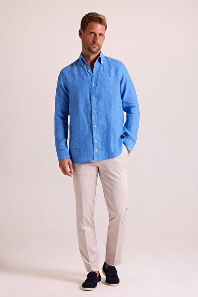 Ysf Erkek Koyu Mavi Düz Regular Fit Keten Gömlek