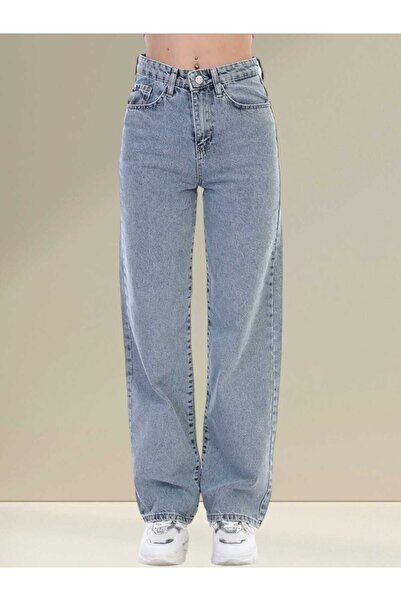 D&E TEKSTİL Women's Lycra Light Blue Wide Leg Mom Jean