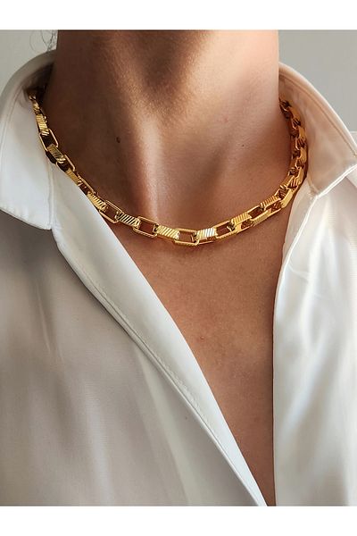 Eva Takı Square Ring Unisex Gold Steel Necklace