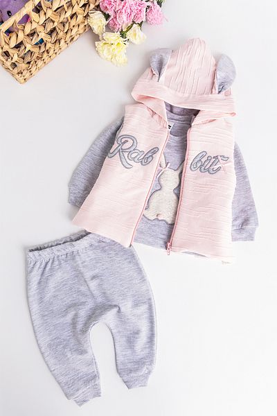 Babymod Rabbit Embroidered Hooded Vest 3 Piece Baby Girl Set