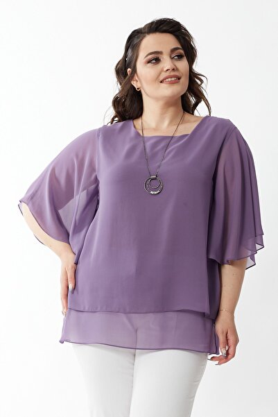 Moda Alba Lavender Plus Size Chiffon Blouse - Bat Sleeve and Necklace Design