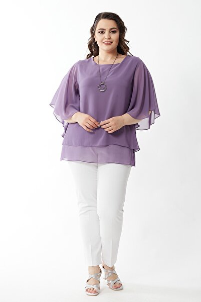 Moda Alba Lavender Plus Size Chiffon Blouse - Bat Sleeve and Necklace Design