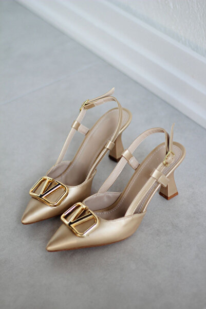 Minaj Store Y3033 Gold Leather Buckle Women's Heeled Shoes