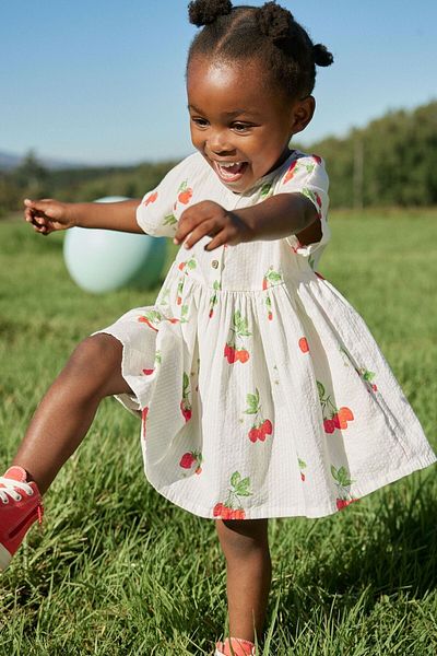 Next Baby White Strawberry Patterned 100% Cotton Short Sleeve Dress