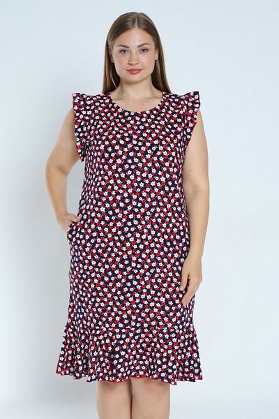 İntensive Plus Size Navy Blue Floral Patterned Flounced Sleeve and Skirt 100% Cotton Pocket Dress