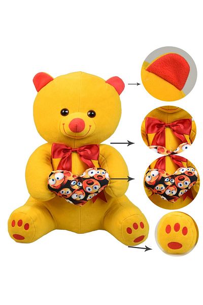 Sole Emoji Themed Yellow Teddy Bear with Heart and Bow 70-80 Cm - 100% Domestic