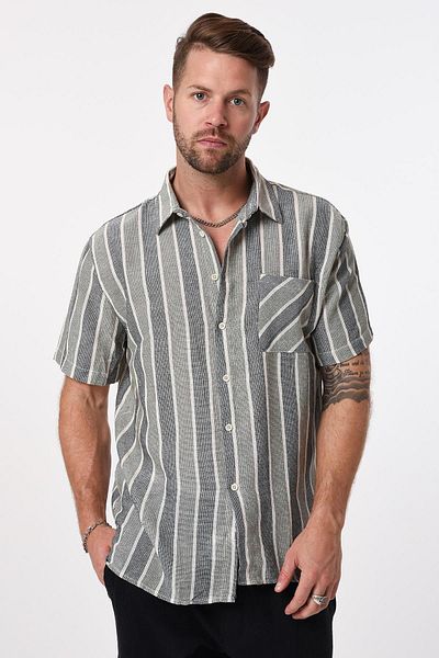 Rocqerx R-3659 Model Striped Linen Shirt - Footed Collar, Single Pocket, Slit Detail