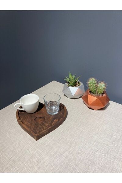 Davi Ahşap Set of 3 with Wooden Heart Presentation Plate Cup and Cup Special for Mother's Day