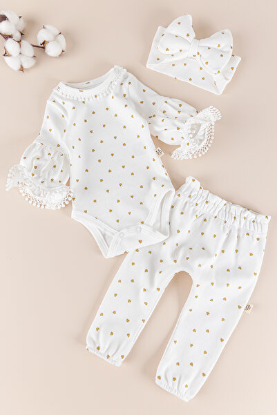 Babymod Yaldızlı Kalp Desenli Bandanalı 3'lü Kız Bebek Takım