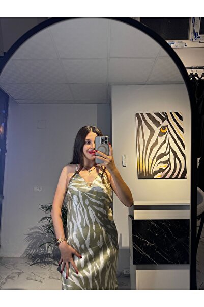 Butik HAKİ ZEBRA DESEN SATEN UZUN ASKILI KADIN ELBİSE