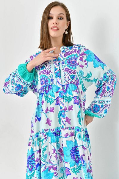 WOMAN VISION Rochie de vară cu imprimeu floral etnic, lungime midi, cu guler întins - mânecă cu balon și evazată 2243