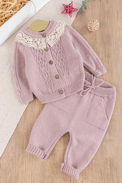Babymod Dantel Yakalı Triko Kız Bebek Hırka Pantolon Takım Triko Bebek Seti
