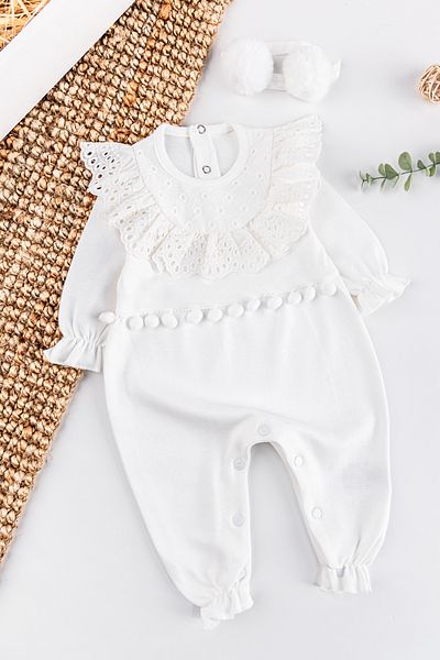 Babymod Baby Girl Jumpsuit Set with Guipure Pompom Bandana