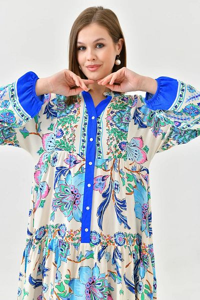 WOMAN VISION Rochie de vară cu imprimeu floral etnic, lungime midi, cu guler întins - mânecă cu balon și evazată 2243