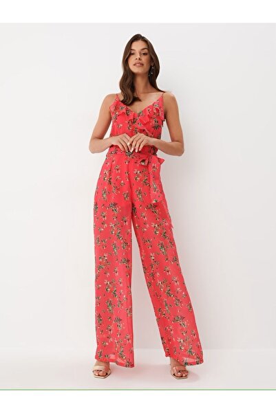 Fiore Viola Kadın Tulum Çiçek Desenli Tül Kumaş Ayarlanabilir Askılı Kuşak Bağlamalı (ŞORT TARZI IÇ ASTARLI)