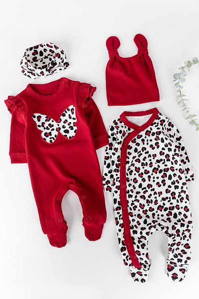 Babymod Butterfly Embroidered Leopard Patterned 2-Piece Long Sleeve Cotton Baby Girl Jumpsuit Set