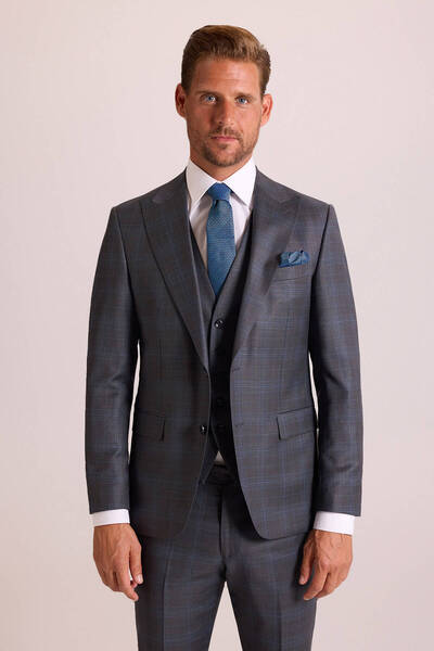 Ysf Erkek Gri Slim Fit Sivri Yaka Yelekli Yün Takım Elbise