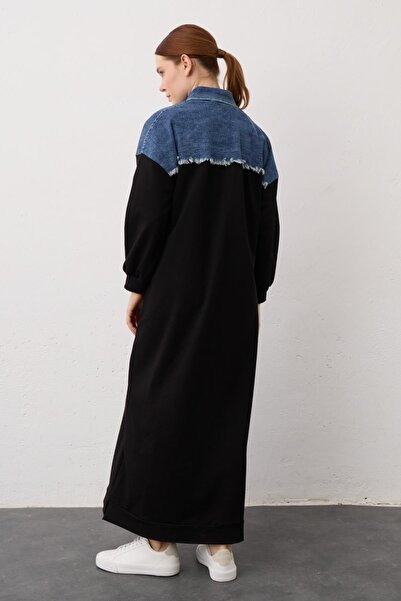 Basicpark Black Denim Detailed Cotton Knitted Dress