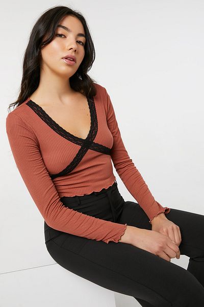 Ardene Lace Criss-Cross Ribbed Top