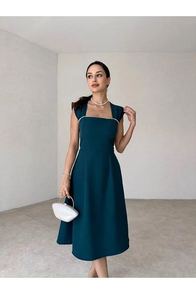 MAMMY Rowed Pearl Midi Dress Embrolious Green Dress