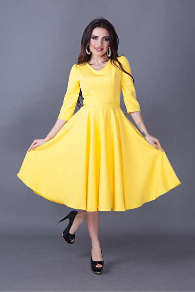 RURIS Kadın Sarı Cep Detaylı V Yaka Kloş Midi Boy Abiye Mezuniyet Elbise