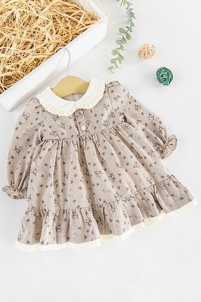 Babymod Floral Patterned Baby Collared Linen Baby Girl Dress