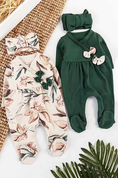 Babymod Floral Patterned Bandana 2-Piece Long Sleeve Baby Girl Jumpsuit Set