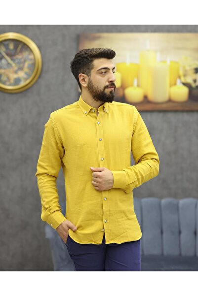 ASSENTE 880 SLİMFİT U.KOL KETEN GÖMLEK(HARDAL)