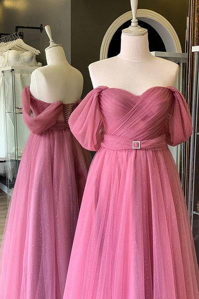 Lenta Moda Dried Rose Glittery Draped Maxi Length Belt Detailed Transparent Evening Dress and Evening Dress