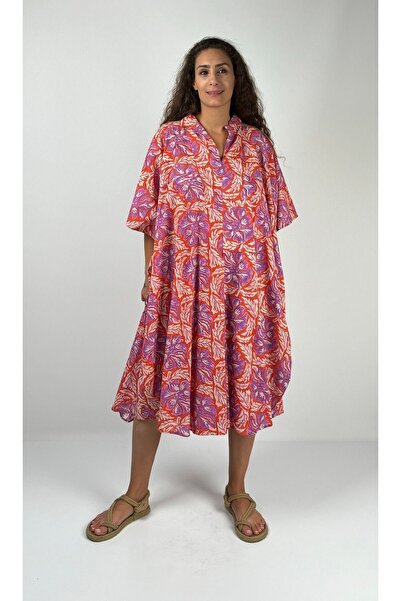 Socrates HERA KISA  Kaftan Desenli El Baskısı Oversize  Midi Boy