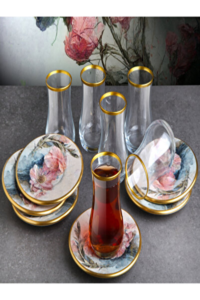 Keskinbıçak 12 Parça Yaldızlı Çay Seti 6 Kişilik Set Pink Model