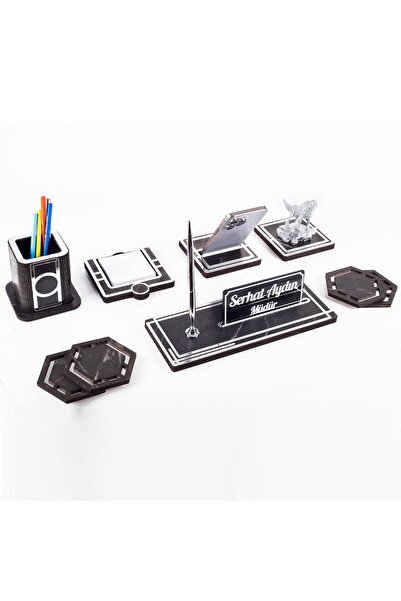 Ofistike Space+ Kurt Biblolu Ahşap Masa İsimliği Seti Mermer Desenli Ofis Dek...