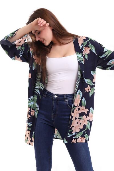 forte bella Lacivert Çiçek Desenli Uzun Ve Geniş Kol Viskon Kimono