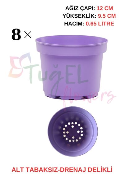 Tuğel Flowers 8 Adet (LİLA)Plastik Saksı 12 Cm.lik  (ALT TABAKSIZ)
