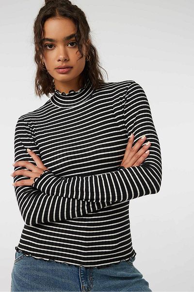 Ardene Striped Lettuce Edge Long Sleeve Top