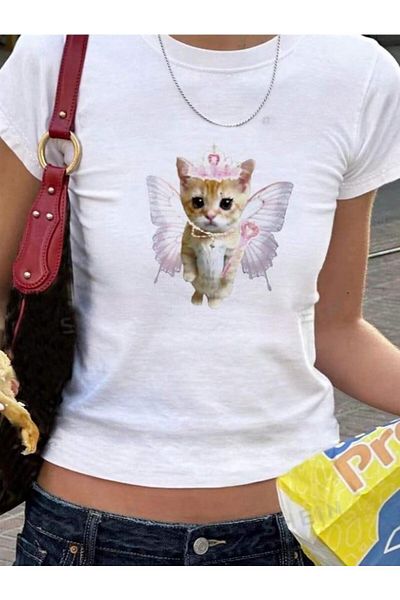 Touz Moda Μέγεθος ζώνης Μικρή Lovely Cat Printed Crop Μπλούζα