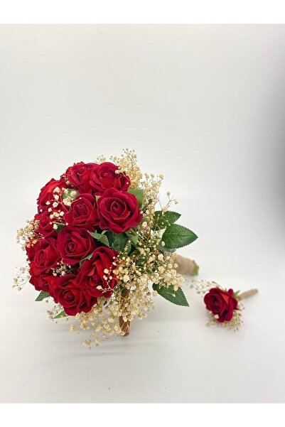 Gelin Çiçeği Kırmızı Gül Gelin Buketi Ve Damat Yaka Çiçeği