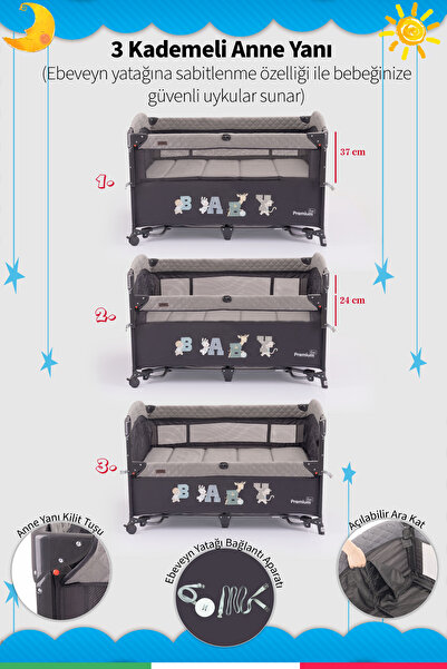 Prego Premium Line Alt Açma Üniteli Anne Yanı Oyun Parkı + Yatak Hediyeli