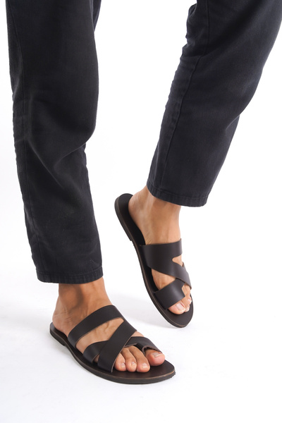 DaphneSandals Ανδρικές Παντόφλες Γνήσιο Δερμάτινο Καφέ - M1009