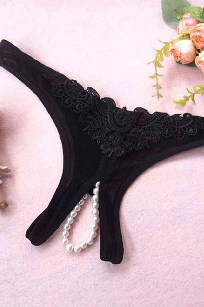 Anastasia Underwear Chiloți Negri Fantasy - Zona Specială cu Perle, Model Deschis 80218S