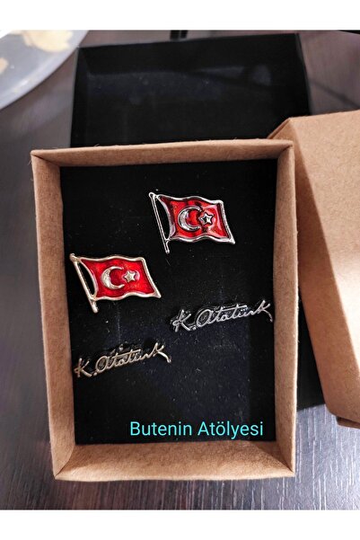 Butenin Atölyesi 29 Ekim,türk Bayrağı(GÜMÜŞ VE GOLD), Atatürk'ün Imzası(GÜMÜŞ VE GOLD), Yaka Rozeti 4'lü Set