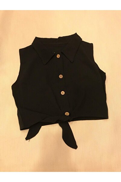 Butik Yakalı Önden Bağlamalı Düğmeli Siyah Renk Bürümcük Kumaş Gömlek