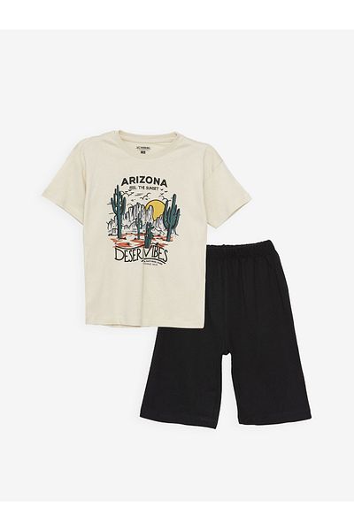 LC Waikiki Crew Neck Printed Short Sleeve Boy's Pajamas Set with Shorts