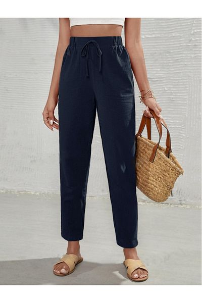 night blue French High Waist Linen Trousers-Dark Blue-2