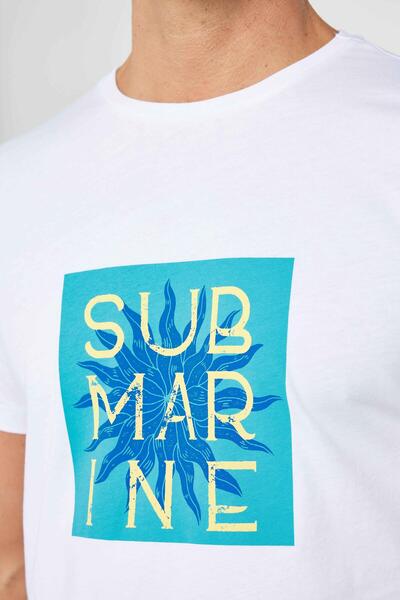 Tudors Ανδρικό T-shirt Slim Fit Slim Fit 100% βαμβακερό τυπωμένο λευκό μπλουζάκι με λαιμόκοψη